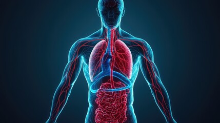 Transparent human body with circulatory system highlighted in glowing red and blue veins.