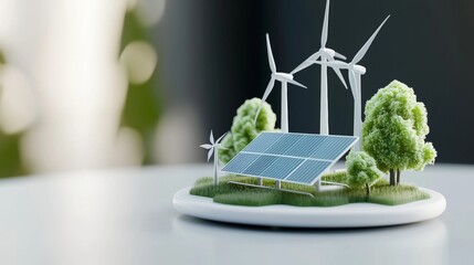 Miniature Solar Panel and Wind Turbines on a White Surface