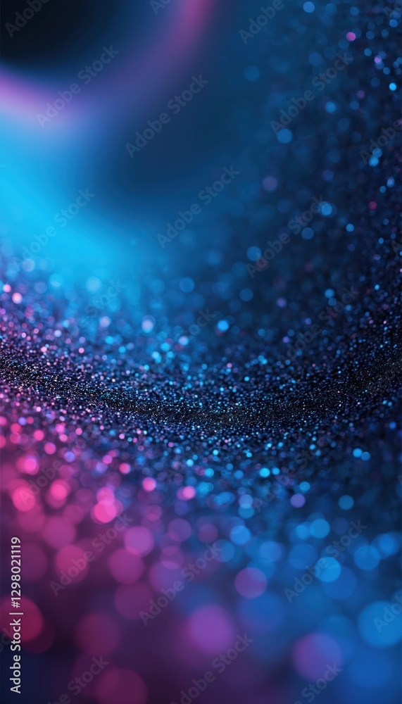 Poster elegant close-up glittering texture of dark blue surface with pink and blue bokeh dots, shiny gradie
