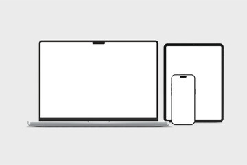 3D laptop, tablet and smartphone digital device mockup with blank screen isolated on background. Technology empty display template for ui, ux, app, ads and website presentation. Vector illustration

