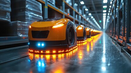 Obraz premium This image features automated delivery robots in an industrial warehouse setting, showcasing robotics technology and logistics efficiency.