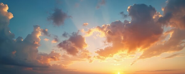 Majestic sunset sky with sun setting behind clouds. Soft orange, yellow colors blend with blue hues above horizon. Beautiful nature concept for background, banner or cover.