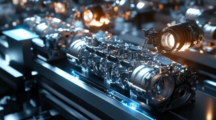 Fototapeta premium High-tech robotic assembly line producing next-gen automotive engines with extreme precision