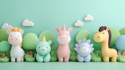 Naklejka premium A collection of cute pastel-colored animal figures set against a vibrant mint green backdrop with playful clouds.