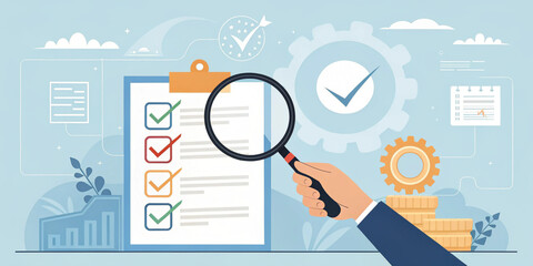 Illustration of document checklist being reviewed with magnifying glass. Ideal for auditing, compliance, QA, or business presentations.