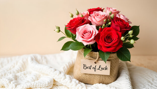 bouquet of roses and a card best wishes,best of luck