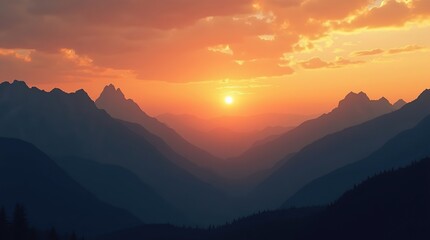 Fototapeta premium Mountain landscape, set against a vibrant orange sky with soft, feathery clouds, perfect for capturing the essence of nature and adventure themes.