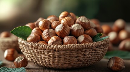Hazelnuts with leaves in a rustic woven basket on wooden table setting in bright natural light, showcasing fresh organic produce