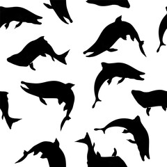 Trout black silhouette vector seamless pattern. Hand drawn salmon fish outline in monochrome style. Repeating sockeye background for packaging, wrapping paper, fabric, wallpaper, and fishing design.