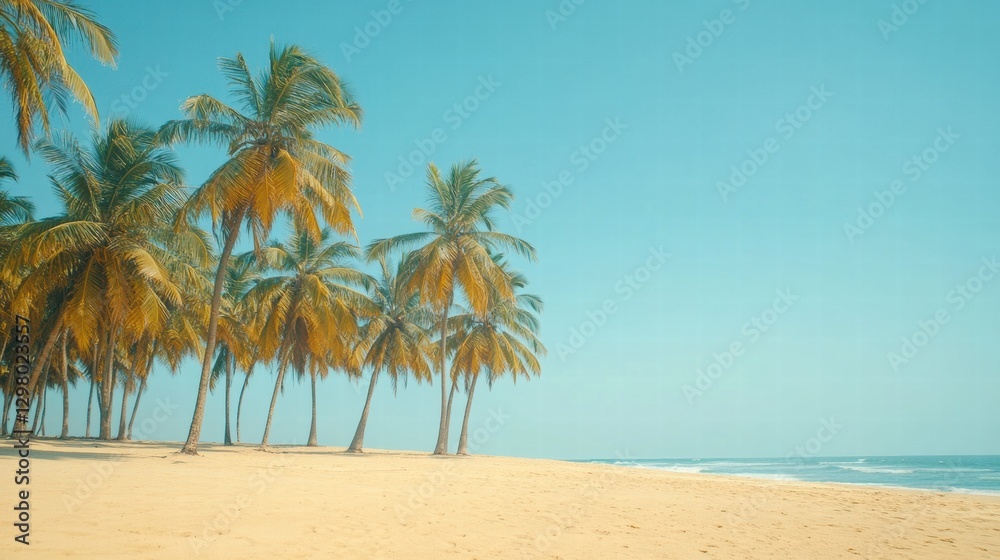 Poster relaxing beach view with palm trees and clear blue skies near the ocean during daytime. generative a
