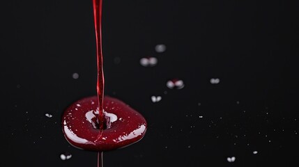 Red liquid pouring, splash, dark background. Possible use Stock photo for food, drink, or beverage product advertisement