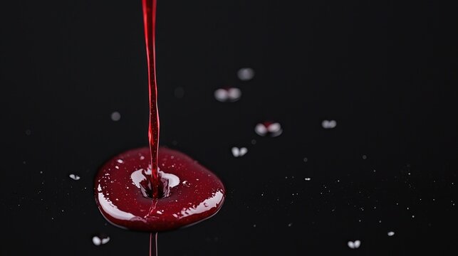 Red liquid pouring, splash, dark background.  Possible use Stock photo for food, drink, or beverage product advertisement