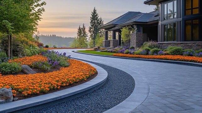 Winding driveway, landscaped with colorful flowers, modern home at sunrise