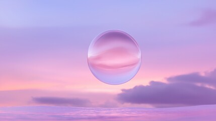 Digital illustration of a large, transparent bubble floating in the sky. the bubble is in the center of the image and is surrounded by a pink and purple gradient background.