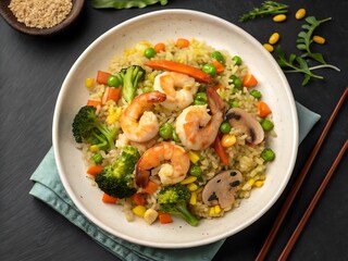 Egg Fried Rice with Prawns, Cabbage, and Green Onions in a Black Plate &ndash; Asian Cuisine and Seafood Dish