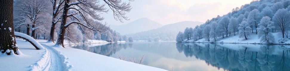 Fototapeta premium Winter snowfall scene with bare trees and icy lake, water, snow, forest