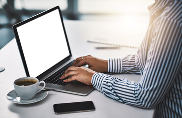 Laptop screen, proposal and hands of business woman in office for email, seo review and client feedback. Mockup, website and schedule with closeup of employee typing for report, research and planning