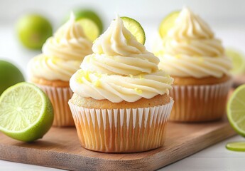 Delicious lemon lime cupcakes with creamy frosting topped with fresh lime slices on a rustic wooden table, perfect for dessert or party treats