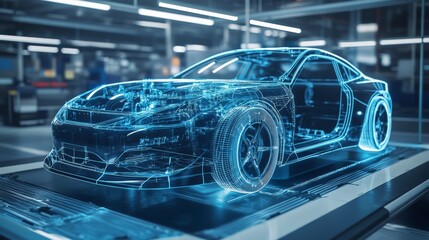 Fototapeta premium Self-repairing automotive body panels using AI-integrated nanotechnology, futuristic car innovation