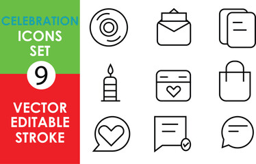 A set of 9 celebration-themed vector icons with editable strokes, including a candle, heart, gift, chat bubble, music disc, envelope, shopping bag, and notes