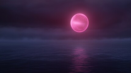 Digital art piece that appears to be a photograph of a sunset over the ocean. the sky is a deep purple color with a pink glow emanating from the center of the image.