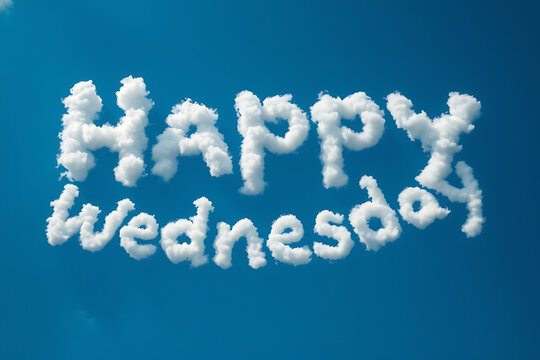 The words "Happy Wednesday" are formed by fluffy clouds against a clear blue sky. Generative ai