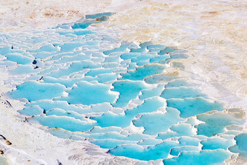 Obraz premium Vibrant turquoise pools of Pamukkale, Turkey, showcasing natural beauty.High-angle view of the terraced pools at Pamukkale, Turkey.