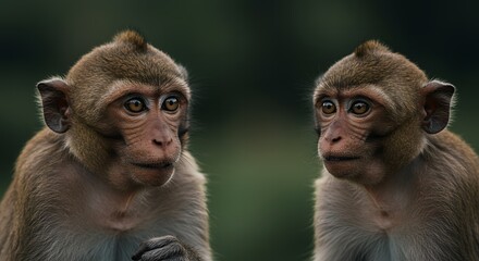 Naklejka premium A Close-Up Portrait of Two Young Macaques Gazing Pensively, Wildlife Photography in Natural Habitat