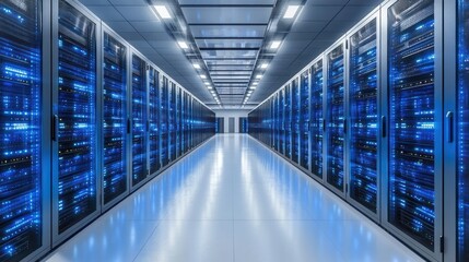 Fototapeta premium Modern data center server room with rows of lit servers.