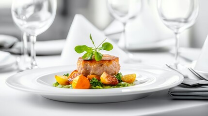 Pan-Seared Fish with Roasted Vegetables and Herb Garnish on White Plate