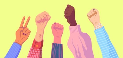 Cartoon Color Woman Hands holding Protester Fist and Victory Gestures Signs Set Female Solidarity Concept Flat Design Style. Vector illustration