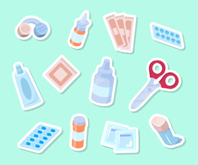 Cartoon Color First Aid Box Elements Stickers Set Concept Flat Design Style. Vector illustration of Aid Band Plaster Medical Patch,Nasal Spray, Scissors and Pill
