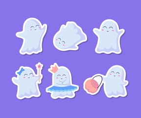 Cartoon Color Cute Female Characters Ghosts Flying Phantoms Stickers Set Halloween Autumn Holiday Concept Flat Design Style. Vector illustration
