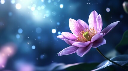 Pink Flower Bloom in Dark Blue Background with Sparkling Lights