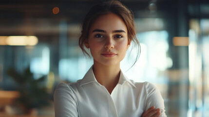 Obraz premium A professional businesswoman standing with her arms straight across an outdoor area. feeling happy , business and financial background 