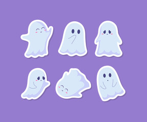 Cartoon Color Kawaii and Sad Characters Ghosts Flying Phantoms Stickers Set Halloween Autumn Holiday Concept Flat Design Style. Vector illustration
