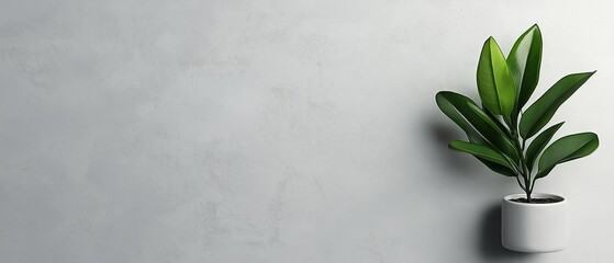 Small potted plant with green leaves on a white wall. the plant is in a white ceramic pot and is placed on the right side of the image. the leaves are long and pointed, with a glossy texture.