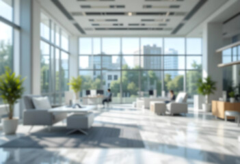 Fototapeta premium A blurred modern office interior with panoramic windows and soft natural lighting. A minimalistic, bright workspace with an airy and professional atmosphere.