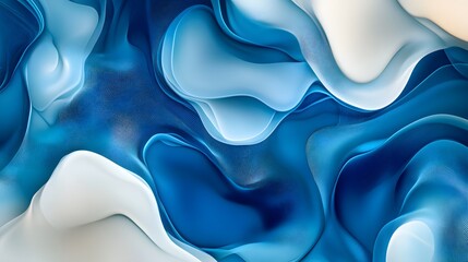 Blue and white flowing abstract shapes create a serene design