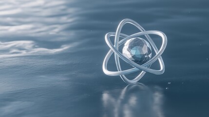 Digital illustration of an atom floating on the surface of the water. the atom is made up of three rings, each with a small diamond-like structure in the center.