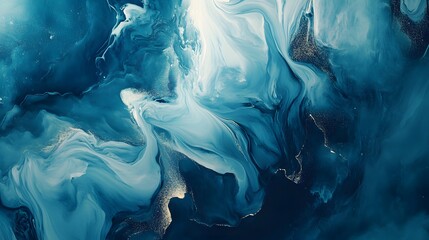 Abstract blue and white fluid art with shimmering accents