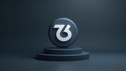 Blenderkit. 3D abstract dark blue round symbol with number 76 on circular pedestal, futuristic technology concept, modern digital background for web design, presentation, innovation, minimalistic sty