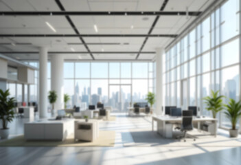 Obraz premium A blurred modern office interior with panoramic windows and soft natural lighting. A minimalistic, bright workspace with an airy and professional atmosphere.