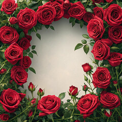 Romantic heart-shaped frame made of red roses with space in the center for text or design. Ideal for Valentine's Day, weddings, or romance themes.