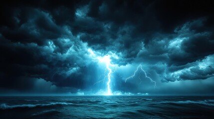 Stormy Ocean Under Dark Dramatic Clouds With Lightning