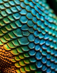 Detailed macro of chameleon skin: hexagonal textured scales with vibrant color blend.  Amazing natural texture and color. Ideal for nature and exotic backgrounds