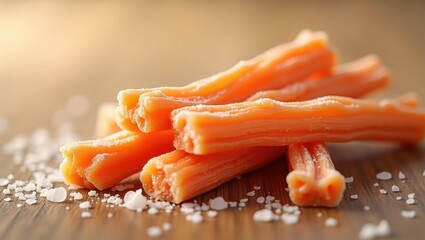 Collagen Stick. Close-up of orange crab sticks with salt grains on woo