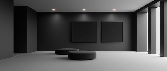 Fototapeta premium Empty room with black walls and floor. the room has a modern and minimalist design with a minimalist aesthetic. the walls are painted in a dark grey color and the floor is made of concrete.