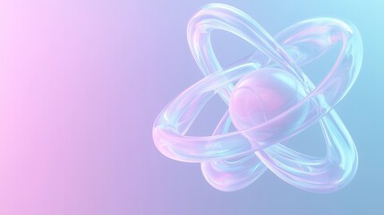 Abstract digital art piece that appears to be a representation of an atom. the background is a gradient of pastel colors, with shades of pink, blue, and light blue.