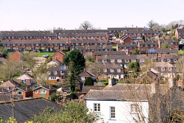 Blocks of traditional houses in Crediton. Early spring, Devon, England, Europe.